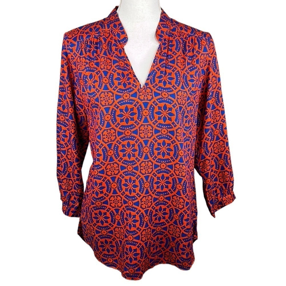 Escapada Orange & Blue Floral Print V-Neck Long Sleeve Tunic Top Size Small